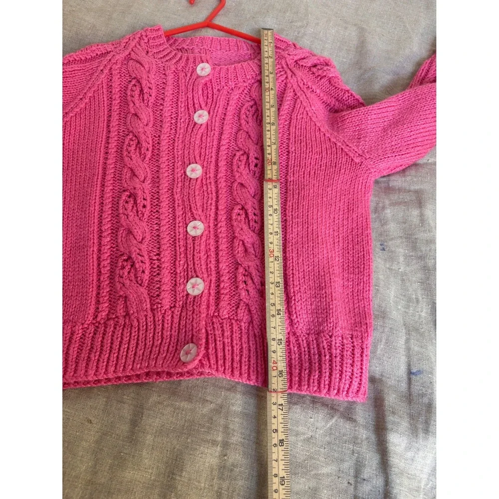 Handmade Pink Cable Knit Cardigan Girls Kids‎ Chunky Button Front Sweater 15x16
